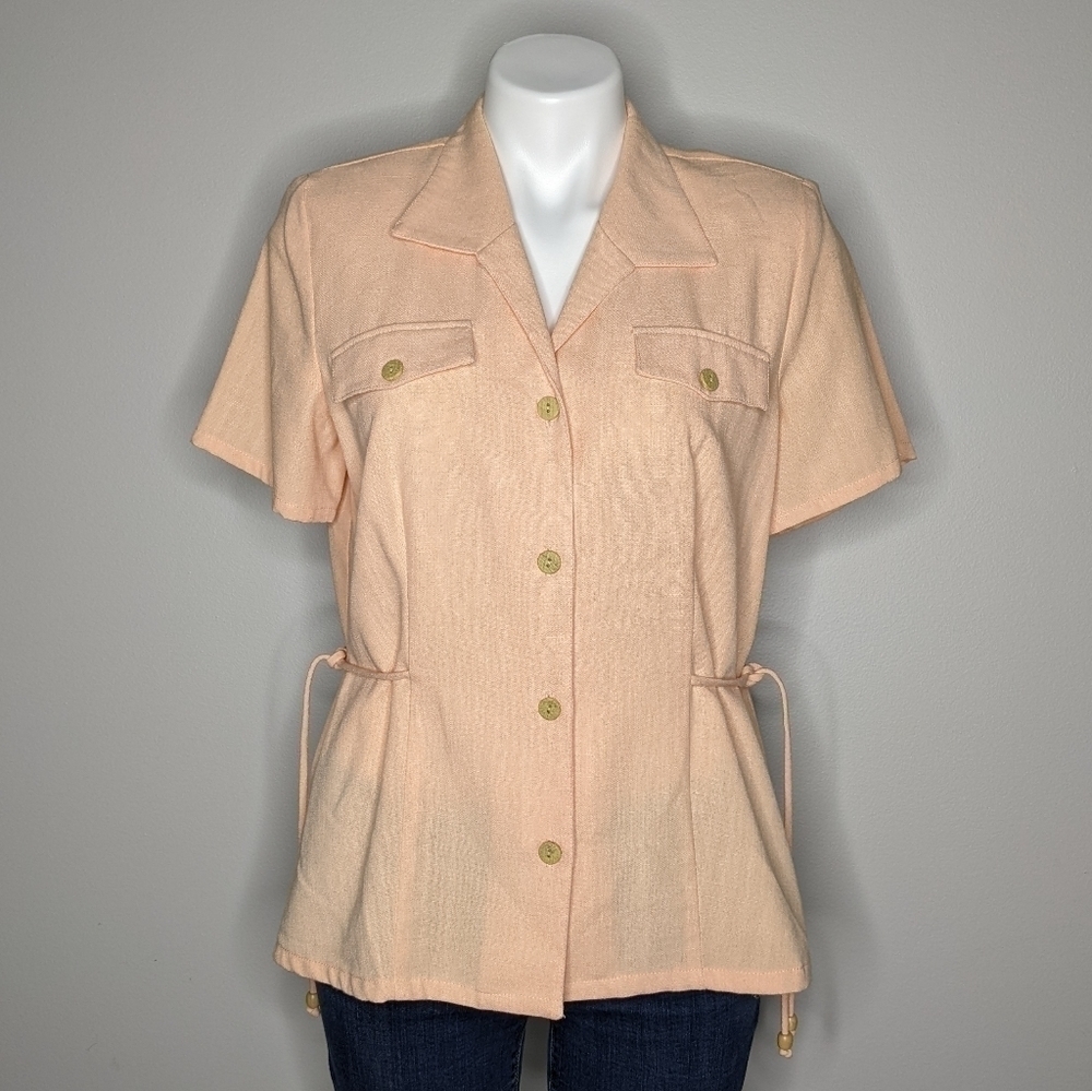 ✨3/$15 Vintage Leslie Belle light orange peach button up side tie blouse 10